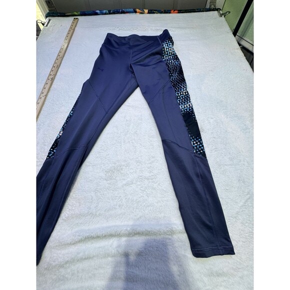 Under Armour Womens  Compression Full Length Leggings Pocket  Sz M Navy Blue Geo - Picture 1 of 9